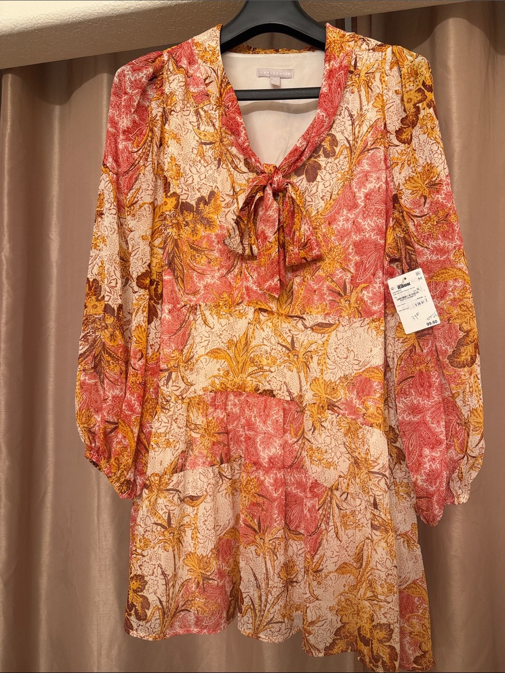 Chelsea28 Pink, Gold & Brown Floral Tie-Neck Long Sleeve Mini Dress